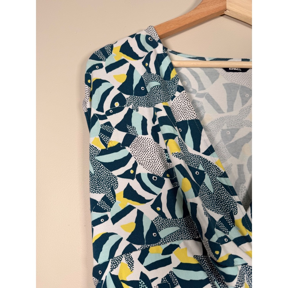 Lands End Womens XL 18 Petite Fish Print Faux Wrap Dress Sleeveless Teal Yellow - Picture 3 of 8